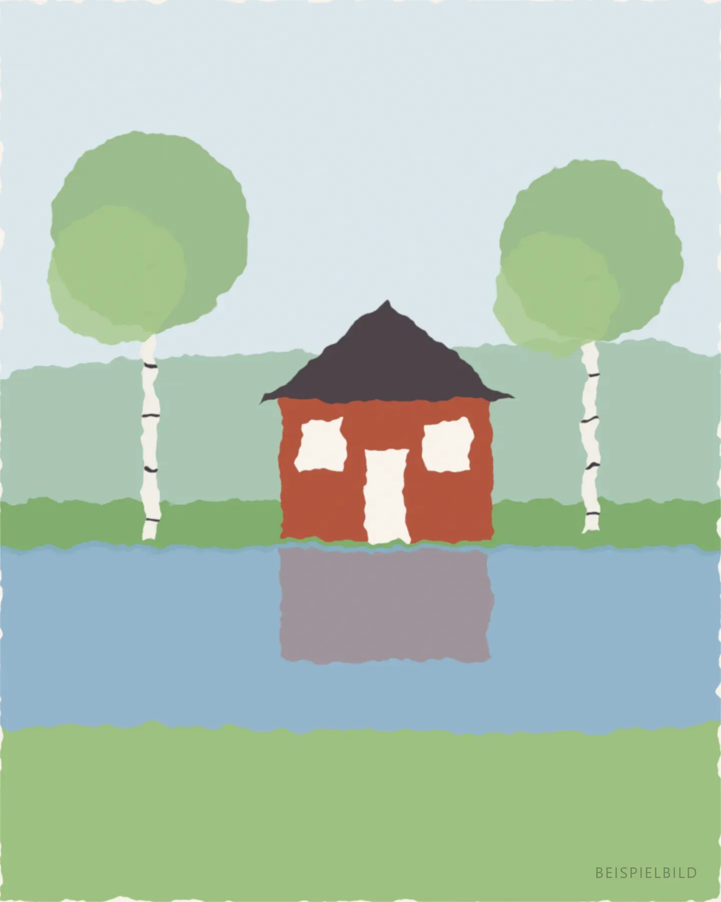 Aquarell eines roten Holzhauses mit weißen Fenstern zwischen zwei Birken am See