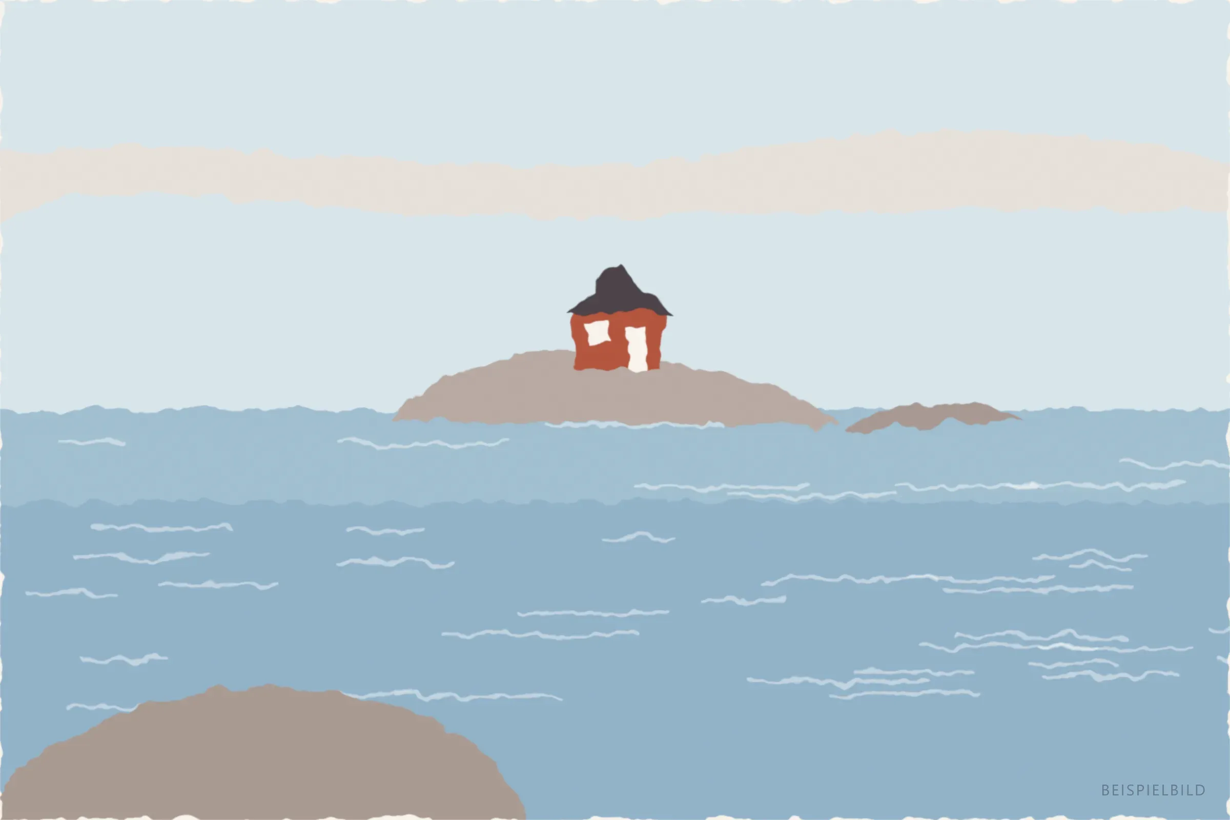 Querformatiges Aquarell einer Schärenküste mit rotem Holzhaus auf einer Felseninsel im blauen Meer