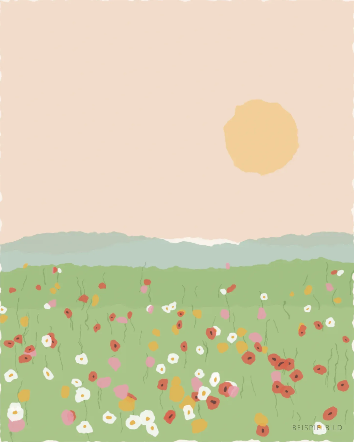 Aquarell einer blühenden Sommerwiese mit Mohn und Margeriten im warmen Abendlicht