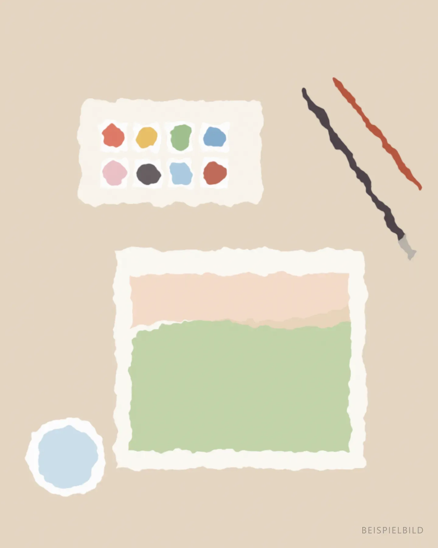 Arbeitstisch mit Aquarellkasten, Pinseln und einem angefangenen Bild